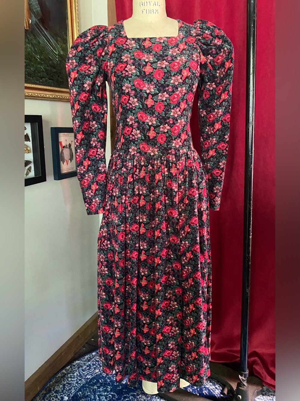 Laura Ashley vintage 70s 80s puff sleeve square neck corduroy maxi